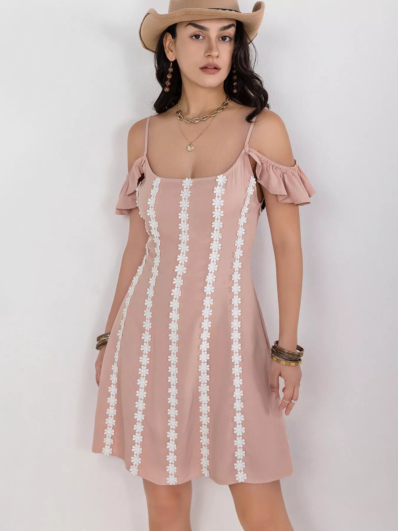 Pale Pink Stripe Floral Lace Cold Shoulder A-Line Dress Bazaare Mart Floral Lace Trim Cold Shoulder A-Line Dress