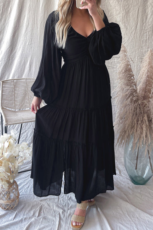 Long Sleeve V Neck Bowknot Cutout Frill Tiered Maxi Dress