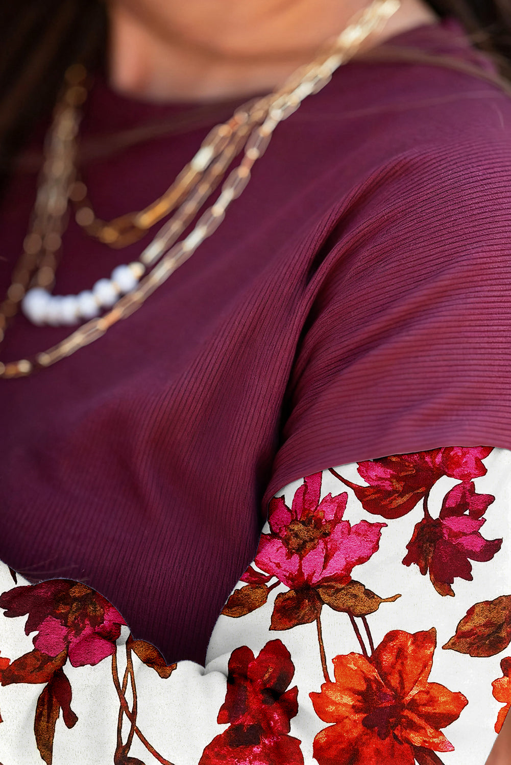 Purple Floral Sleeve Patchwork Round Neck Blouse