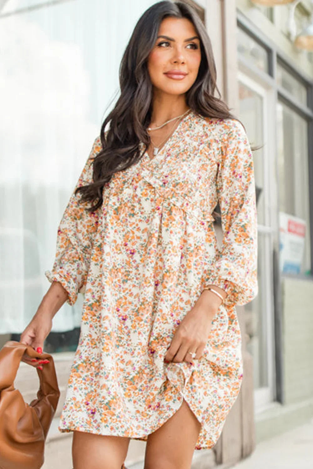 Yellow Boho Floral V Neck Ruffled Empire Waist Long Sleeve Mini Dress Bazaare Mart Dresses/Floral Dresses