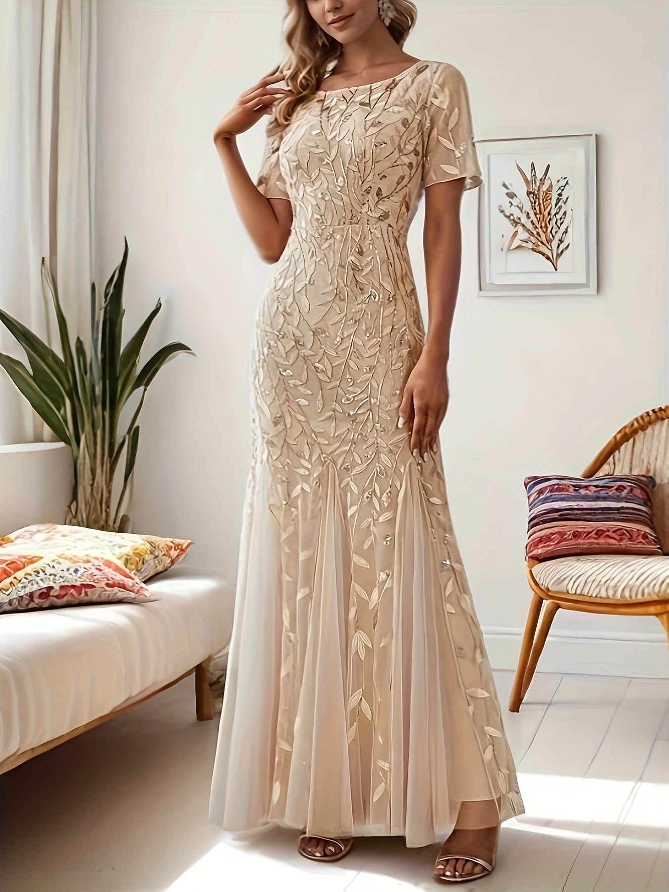 Sheer Floral Short Sleeve Evening Gown