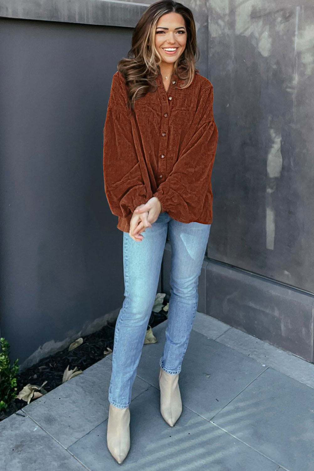 Coffee Corduroy Puff Sleeve Shacket