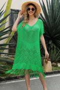 Eyelet Fringe Hem Longline Knit Cover Up Green One Size Trendsi Knit Cover Up