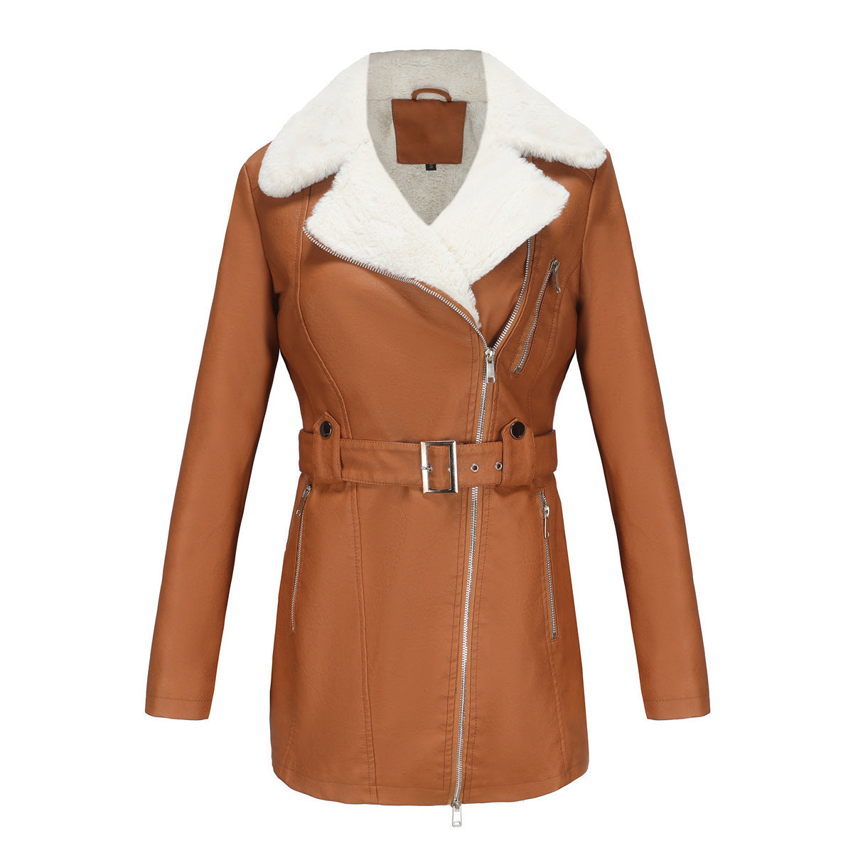PU Leather and Fleece Belted Jacket