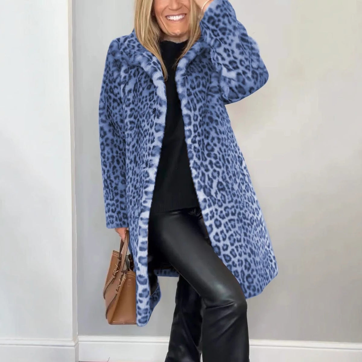Faux Leopard Print Fur Dress Coat