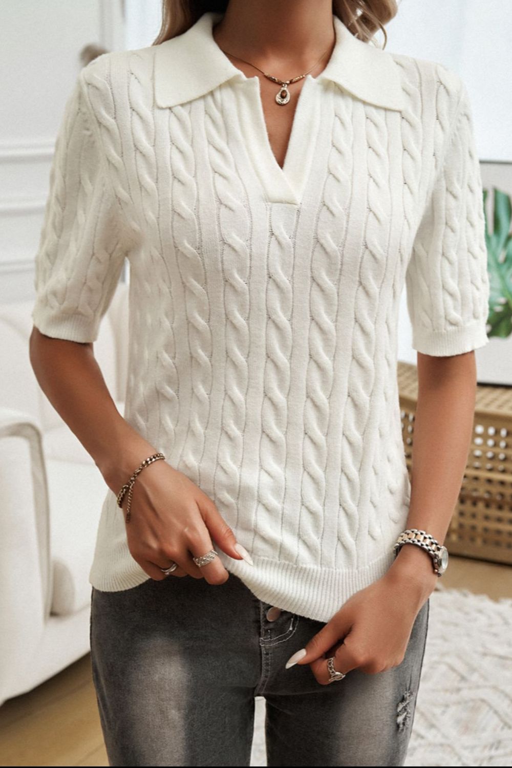 Cable-Knit Short Sleeve Sweater