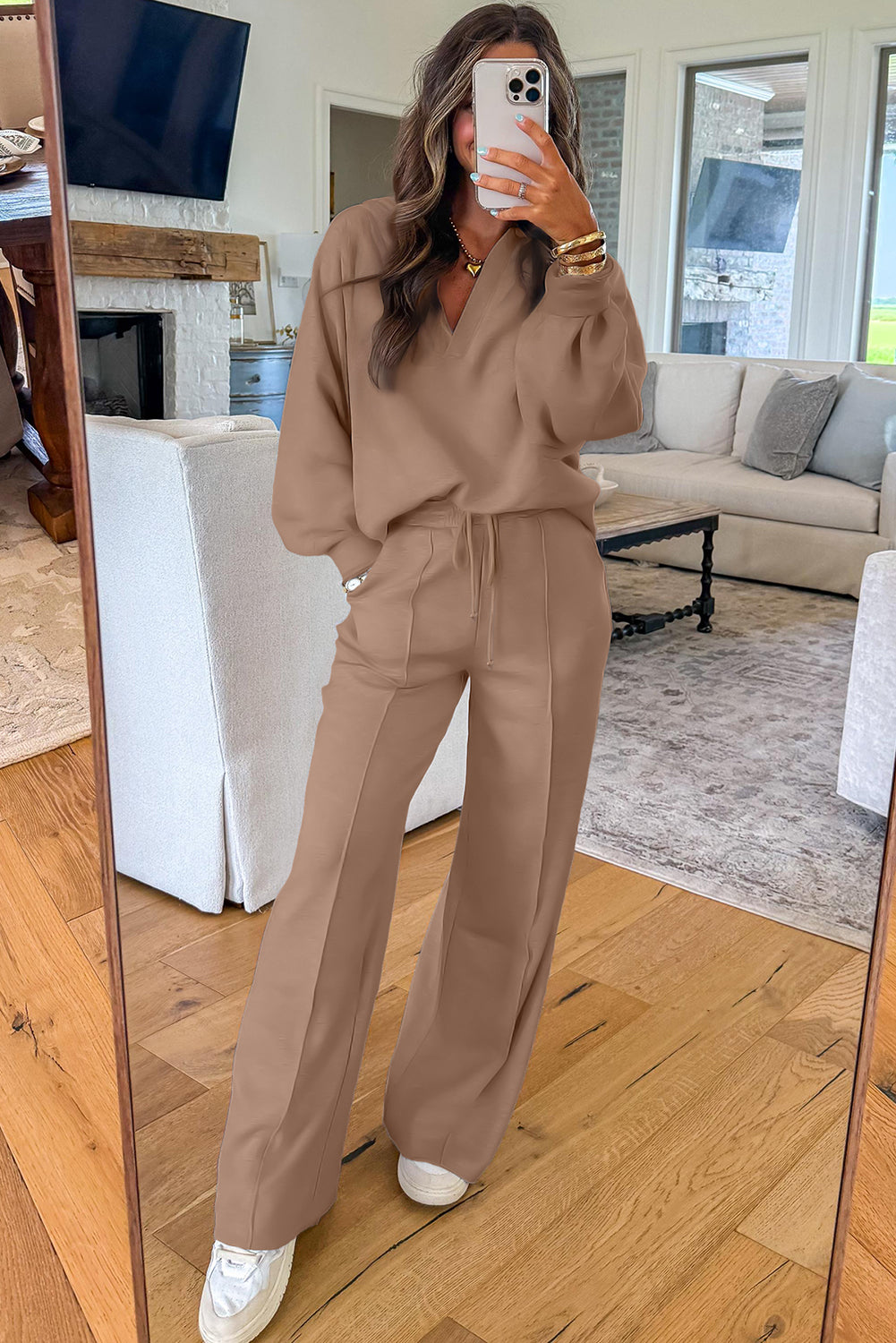 Polo Collar V Neck Pullover and Drawstring Sweatpants Set Bazaare Mart Two Piece Sets/Pant Sets