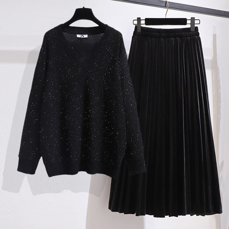 Sparkly V-neck Sweater and Velvet Skirt