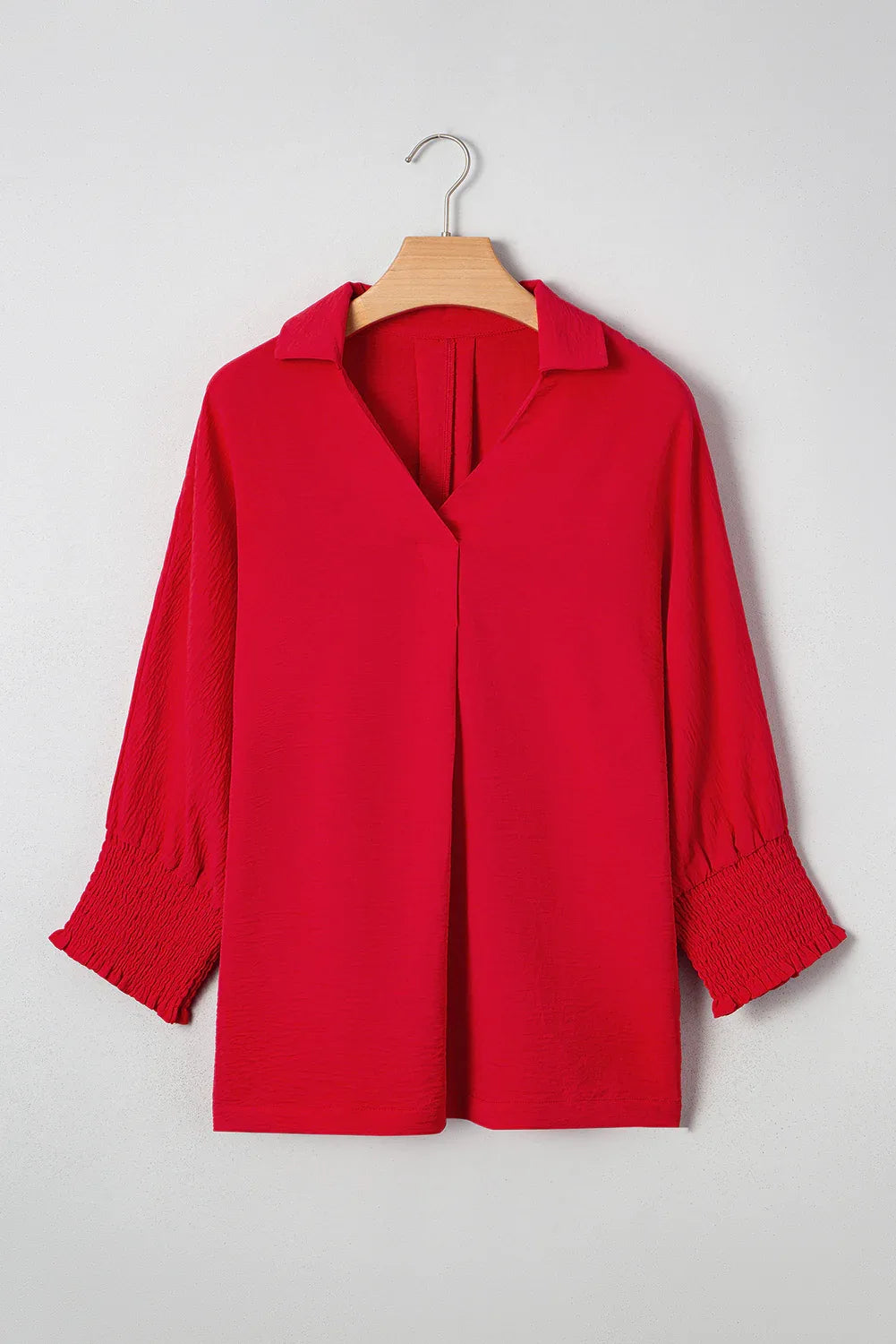 Red V Neck Collared Shirred 3/4 Sleeve Oversized Tunic Top - Bazaare Mart