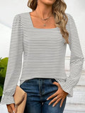 Striped Square Neck Flounce Sleeve Top Gray Bazaare Mart Striped Square Neck Flounce Sleeve Top