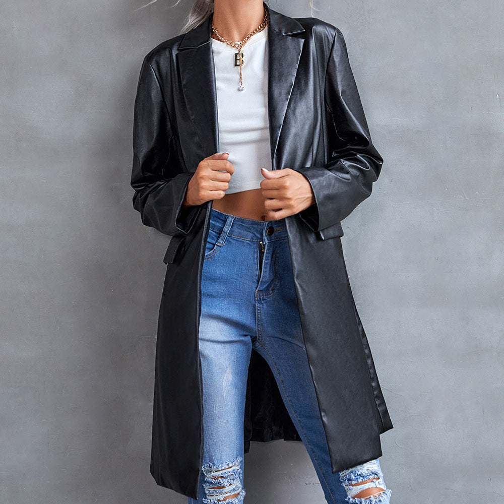 Black PU Leather One Button Coat