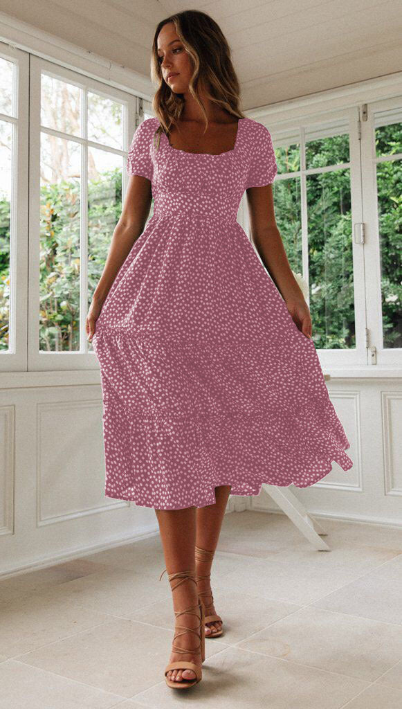 Short Puff Sleeve Floral Tiered Dress Pink CJ Dropshipping Ditsy Tiered Peasant Dress