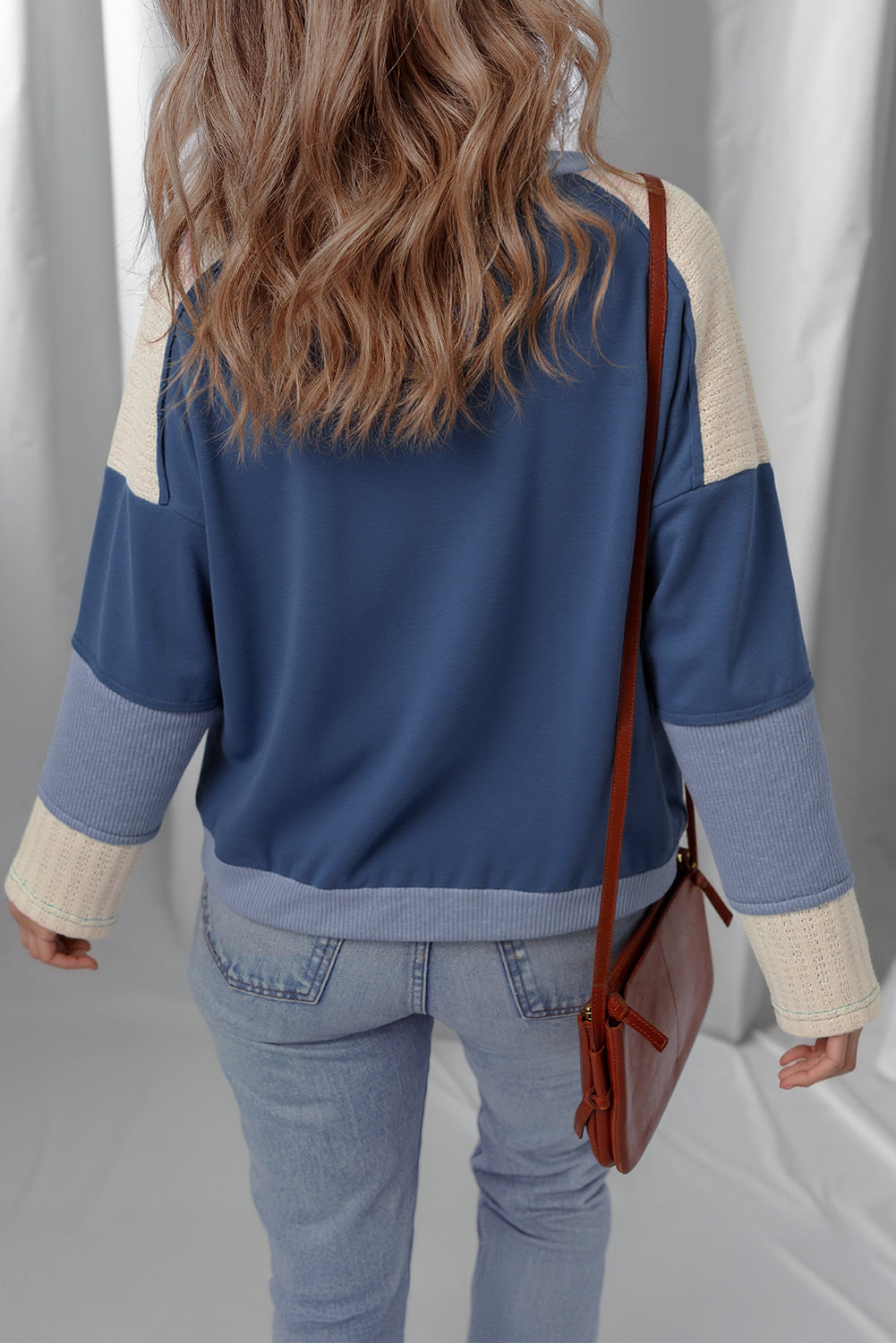Blue Knit Colorblock Patchwork Stars and Stripes Long Sleeve Top