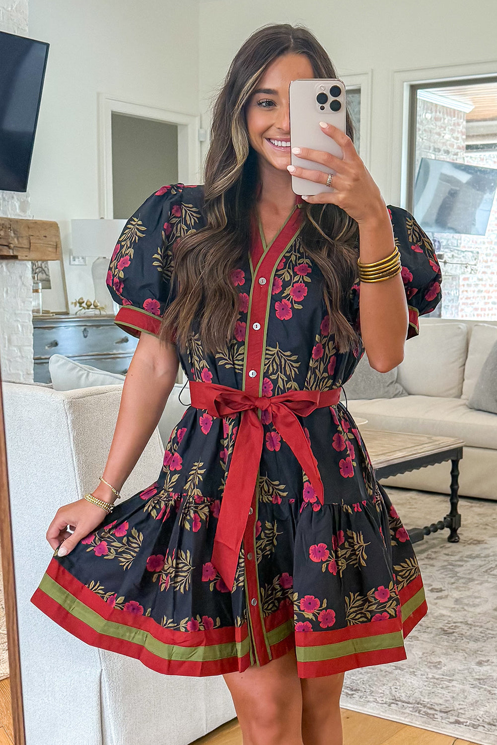 Black Retro Floral Belted Short Puff Sleeve Mini Dress Bazaare Mart Dresses/Floral Dresses