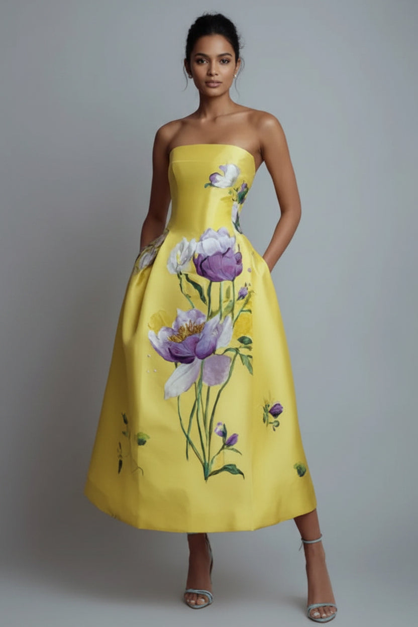 Yellow Floral Strapless Midi Dress Yellow CJ Dropshipping Strapless Floral Dress
