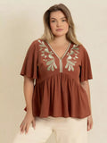 Plus Size Embroidered V-Neck Flutter Sleeve Blouse Caramel Bazaare Mart Plus Size Embroidered V-Neck Flutter Sleeve Top