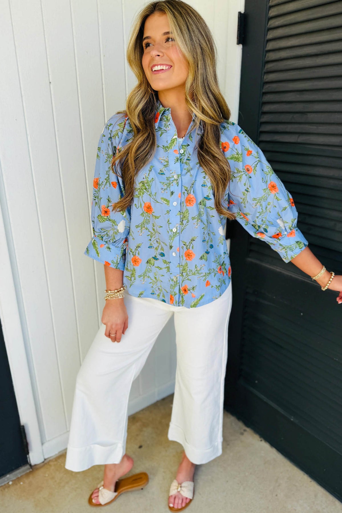 Sky Blue Floral Button-Down Blouse
