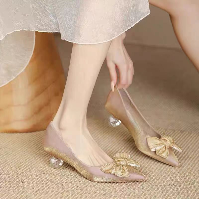 French Style Pointed Toe Chunky Low-heel Bow Detail Pumps Apricot CJ Dropshipping Pointed Toe Low Heel French Shoes