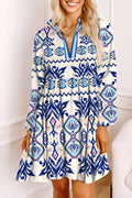 Blue Ethnic Print Mini Dress – Striped Split Neck Long Sleeve Flowy Dress Blue 100%Polyester Dear-Lover Dropshipping Dresses/Mini Dresses