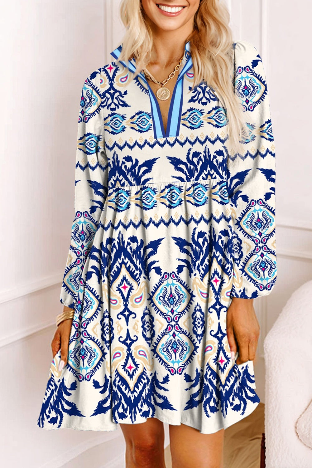 Blue Ethnic Print Mini Dress – Striped Split Neck Long Sleeve Flowy Dress Blue 100%Polyester Dear-Lover Dropshipping Dresses/Mini Dresses