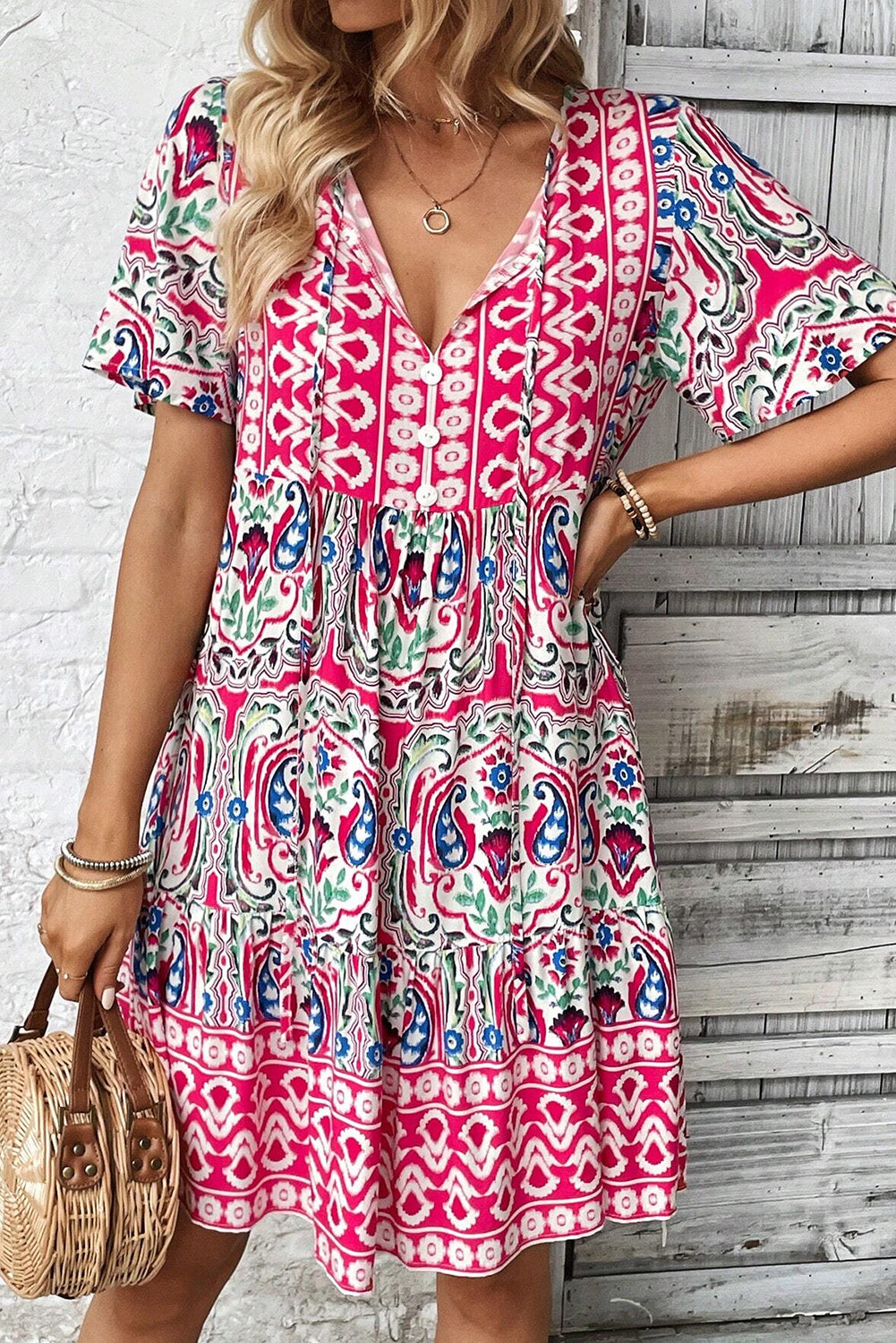 Pink Short Sleeve Bohemian Print Dress