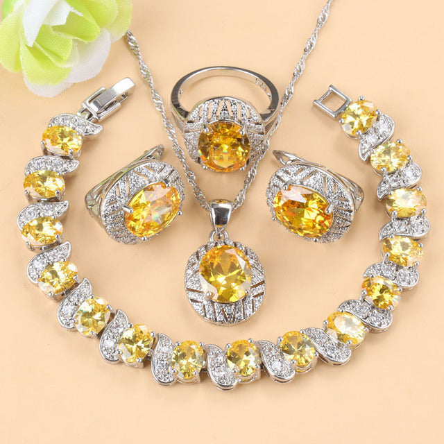 Gem-inlaid Pendant Earrings Necklace And Four-piece Ring Set Pack