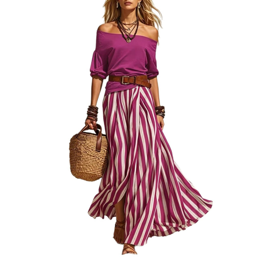 Women’s Off-Shoulder Top & Stripe Slit Maxi Skirt Set – Two-Piece Matching Outfit CJ Dropshipping 2pc. Maxi Skirt Set