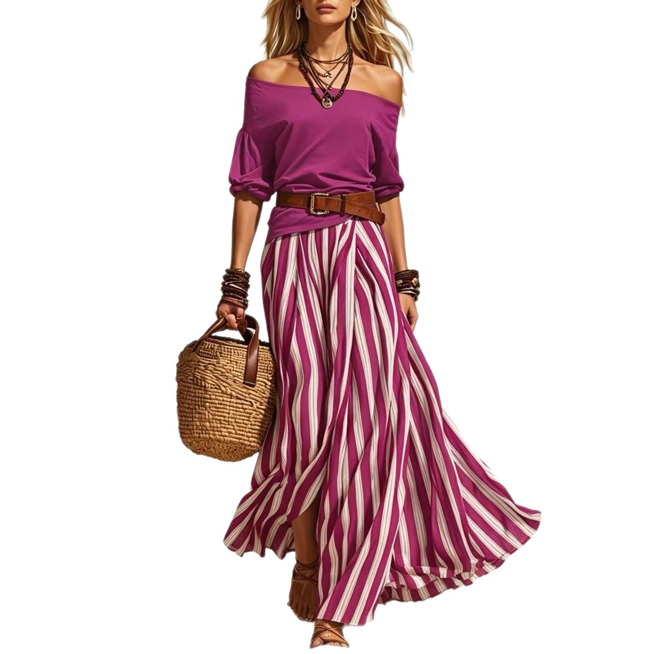 Women’s Off-Shoulder Top & Stripe Slit Maxi Skirt Set – Two-Piece Matching Outfit CJ Dropshipping 2pc. Maxi Skirt Set