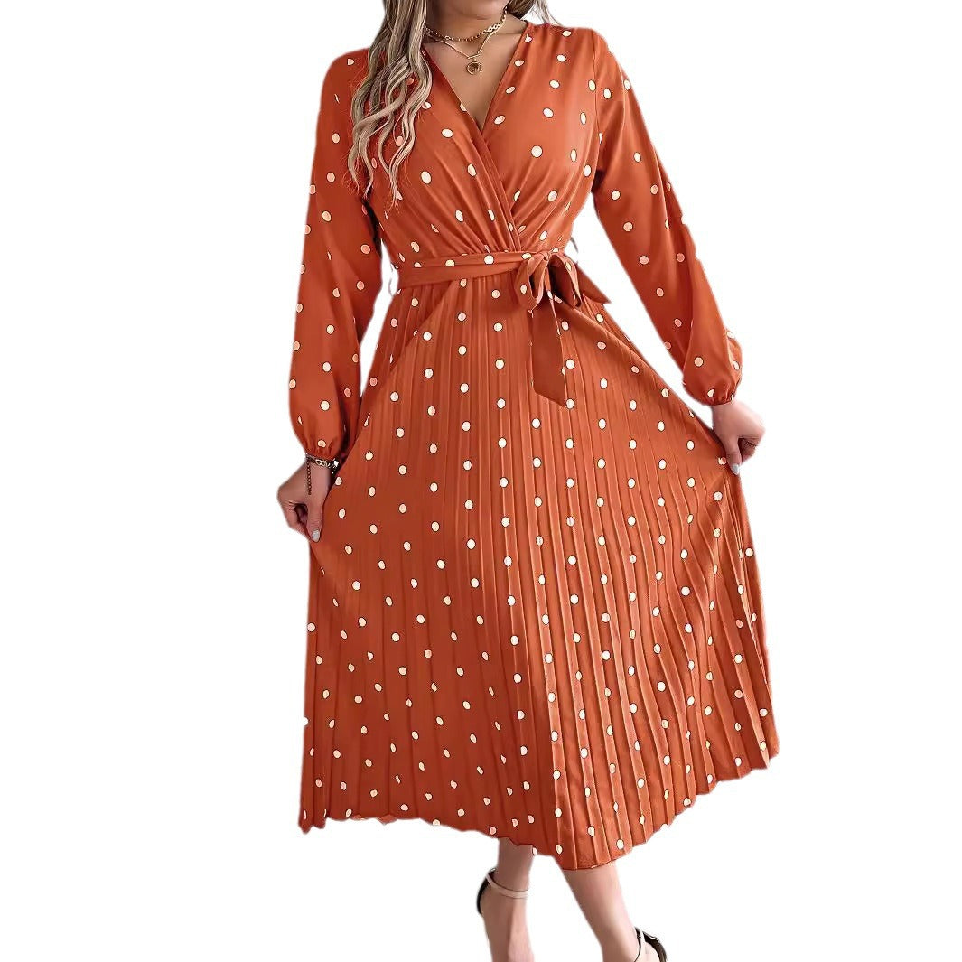 Elegant Polka Dot Pleated Maxi Dress – Cross V-Neck Long Sleeve Shirt Dress CJ Dropshipping Long Sleeve Polka Dot Midi Dress