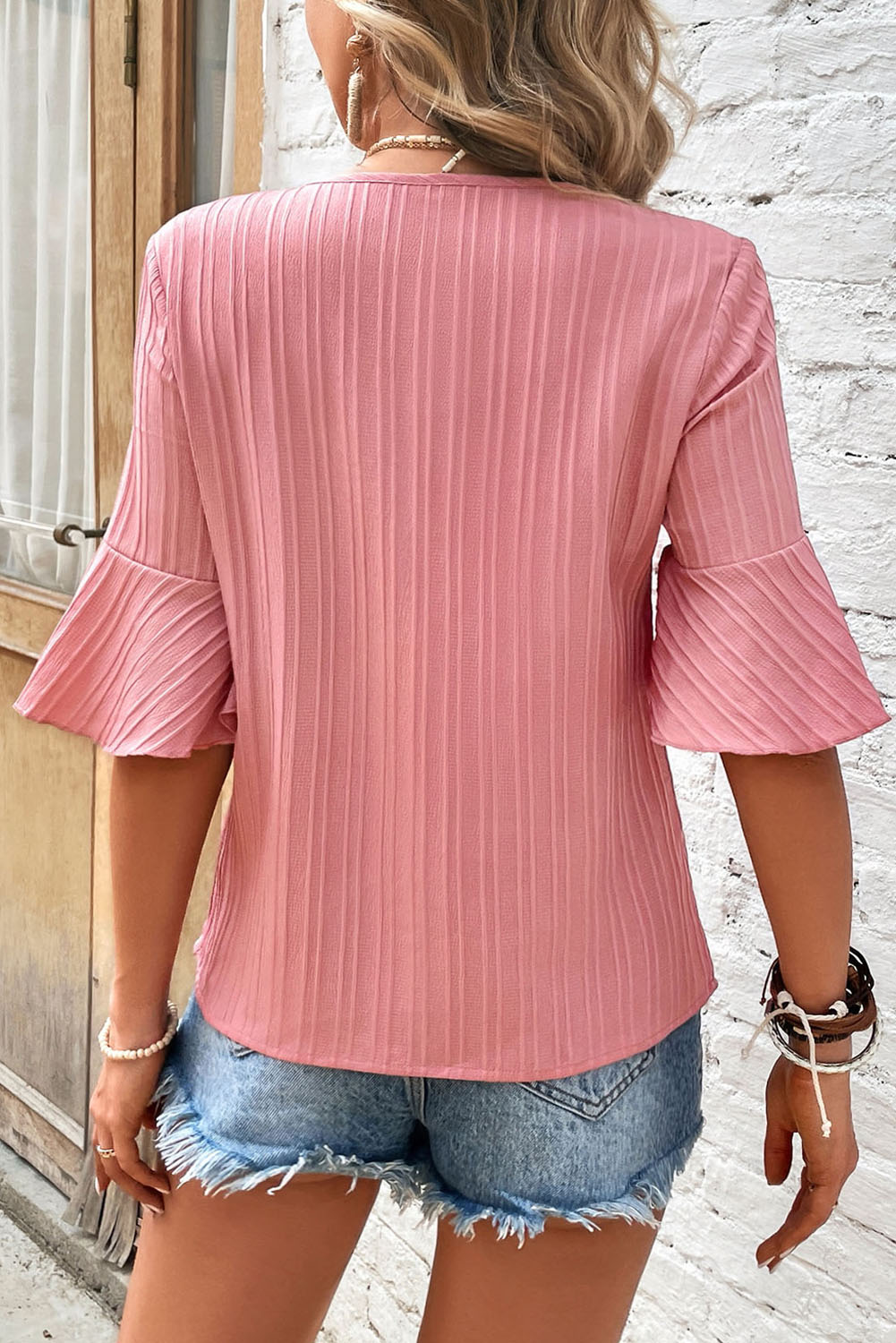 Peach Ruffled Half Sleeve V Neck Textured Plus Top