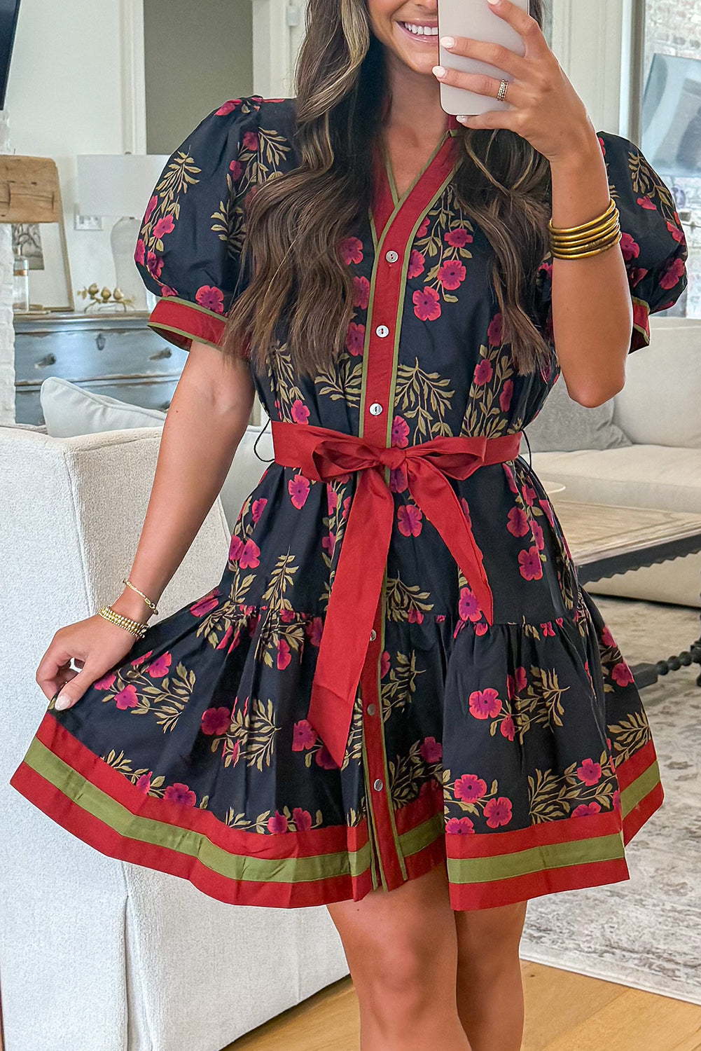 Black Retro Floral Belted Short Puff Sleeve Mini Dress Bazaare Mart Dresses/Floral Dresses