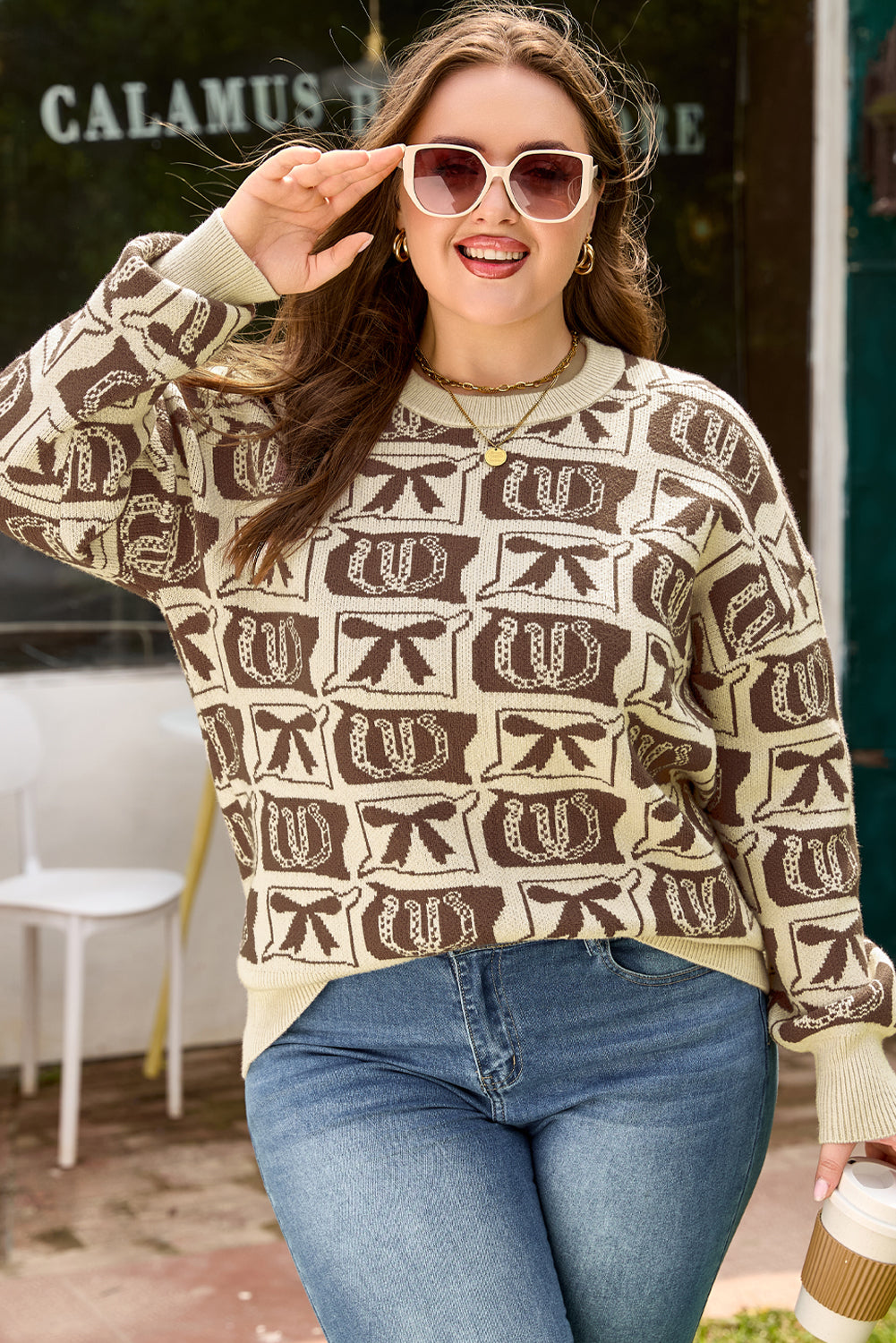 Brown Bow Horseshoe Print Checkered Plus Size Sweater