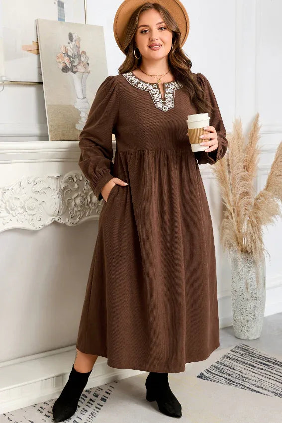 Coffee Embroidered Notched Neck Textured Midi Dress Bazaare Mart Plus Size/Plus Size Dresses/Plus Size Midi Dresses