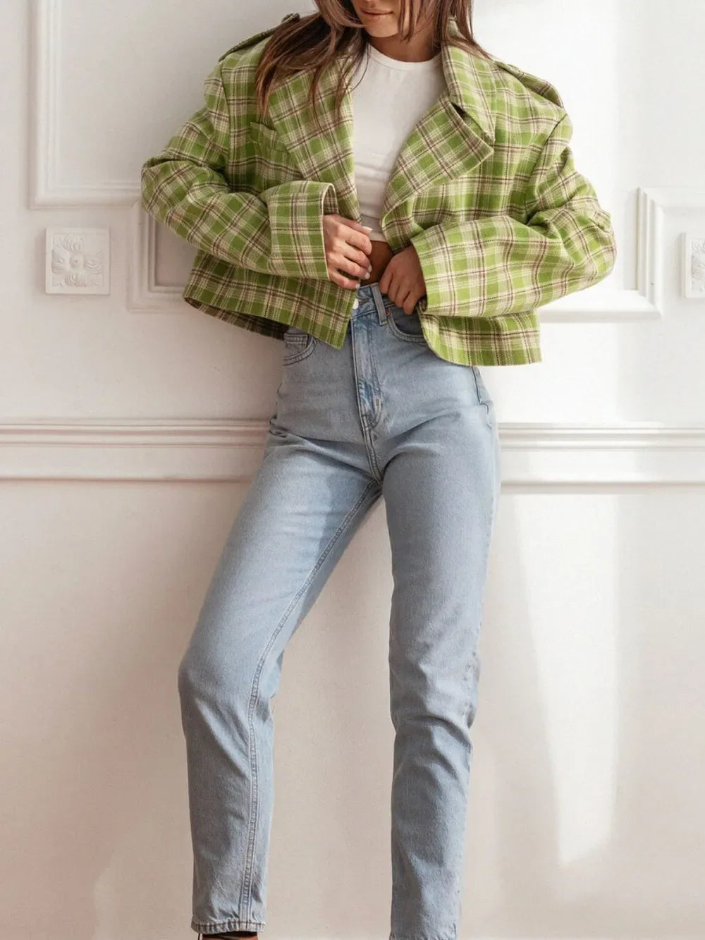 Lapel Collar Plaid Cropped Jacket