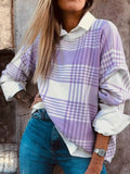 Purple Plaid Round Neck Long Sleeve Sweater Lilac Bazaare Mart Plaid Round Neck Long Sleeve Sweater
