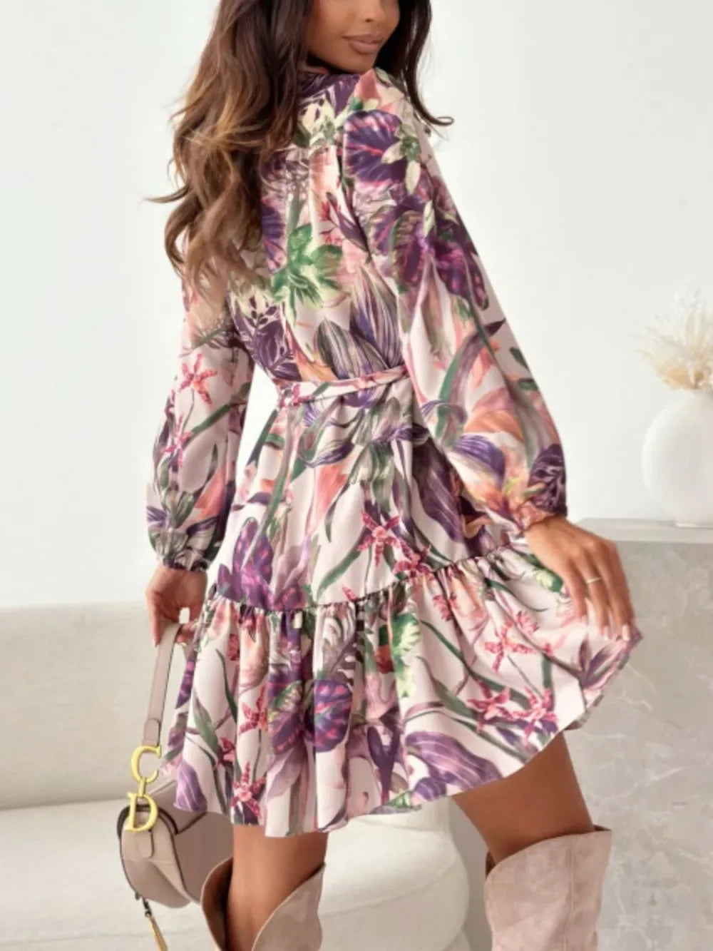 Ruffle Hem Floral Long Sleeve Mini Dress Bazarre Mart Ruffle Hem Floral Long Sleeve Dress