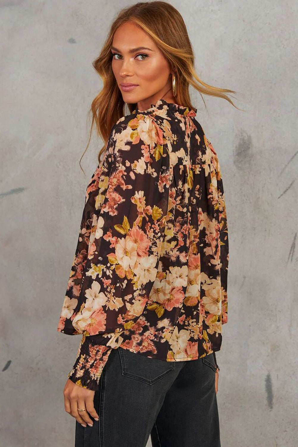 Black Floral V Neck Long Puff Sleeve Breezy Blouse Dear-Lover Dropshipping Tops/Blouses & Shirts