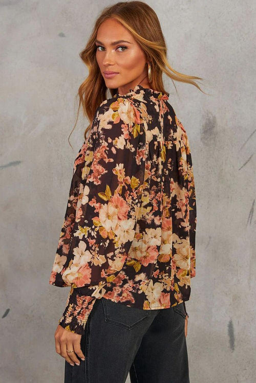 Black Floral V Neck Long Puff Sleeve Breezy Blouse Dear-Lover Dropshipping Tops/Blouses & Shirts