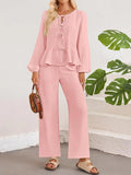 Tie Neck Balloon Sleeve Top and Pants Set Dusty Pink Bazaare Mart Tie Neck Balloon Sleeve Top and Pants Set