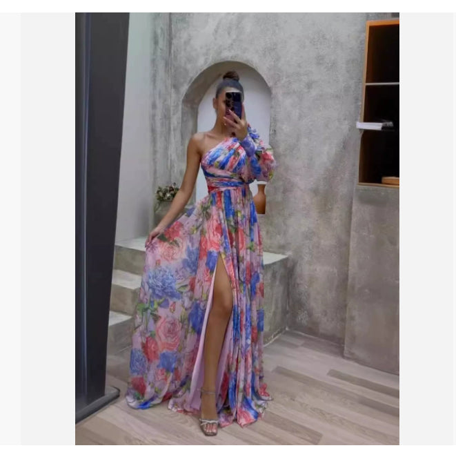One-shoulder Long-sleeved Maxi Dress Purple CJ Dropshipping Single Long Sleeve Wrap Around Maxi Dres