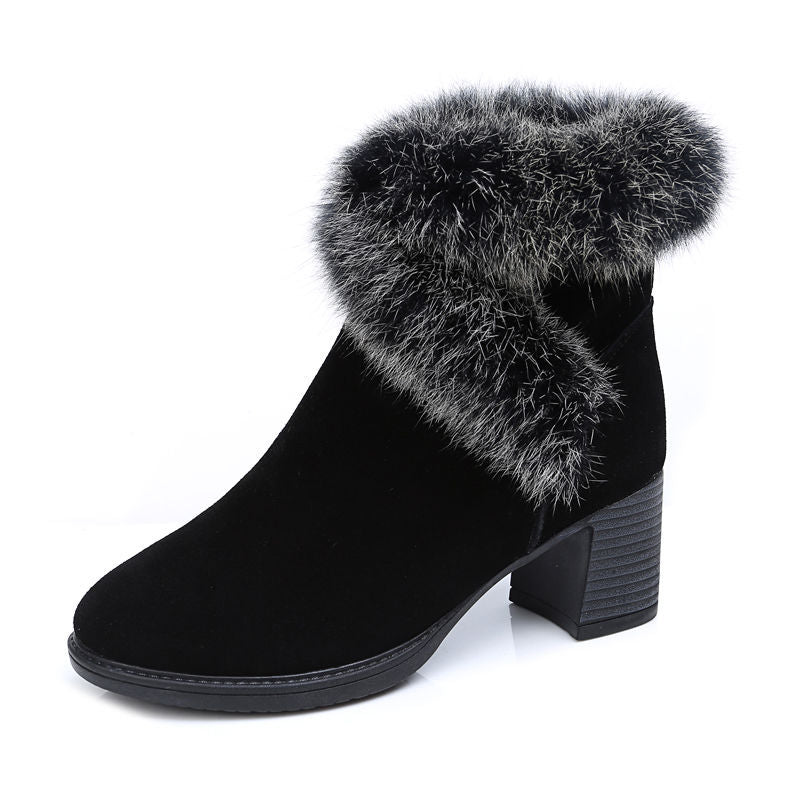 Furry Velvet Block Heel Booties