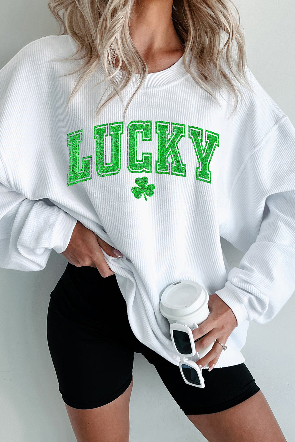 White LUCKY Graphic Corded Sweatshirt