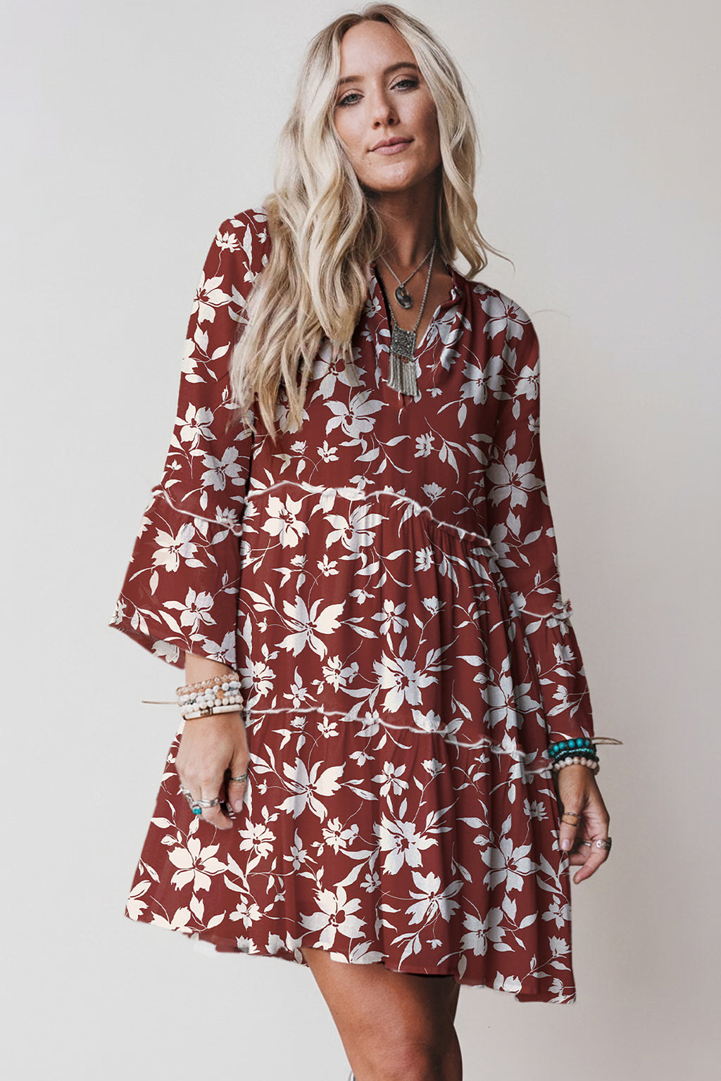 Sky Blue Boho Floral Print Lettuce Trim 3/4 Sleeve Mini Dress Bazaare Mart Dresses/Floral Dresses