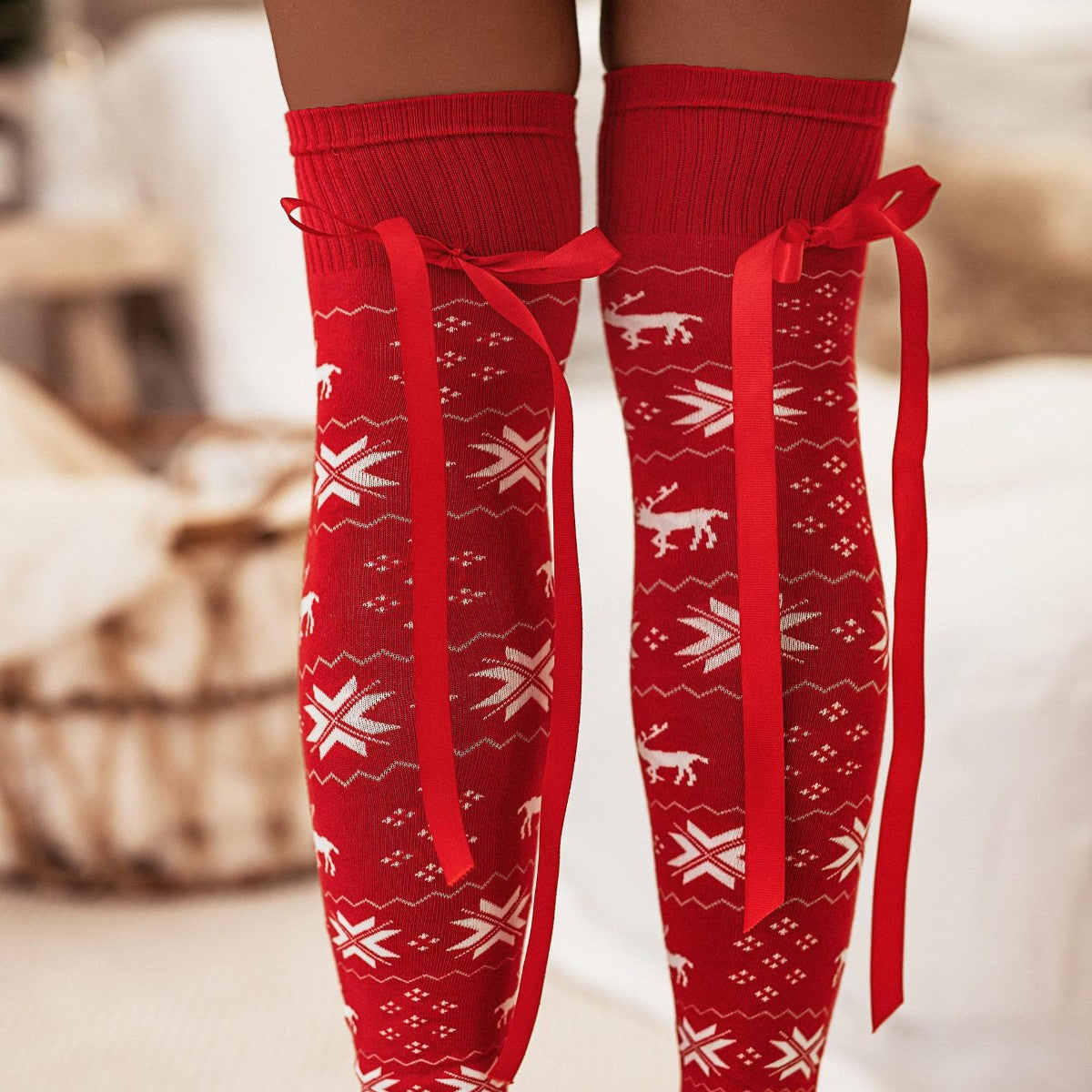 Bowknot Ribbed Trim Over Knee Stockings