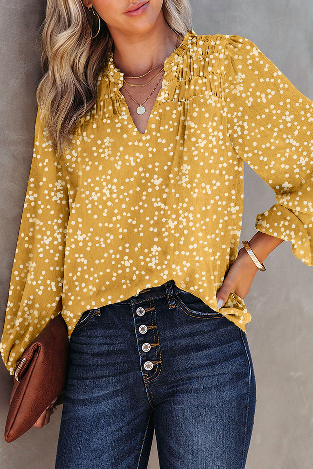 Yellow Plus Size Floral Print Ruched Split Neck Blouse
