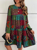 Patchwork Round Neck Long Sleeve Dress Multicolor Bazaare Mart Patchwork Round Neck Long Sleeve Dress