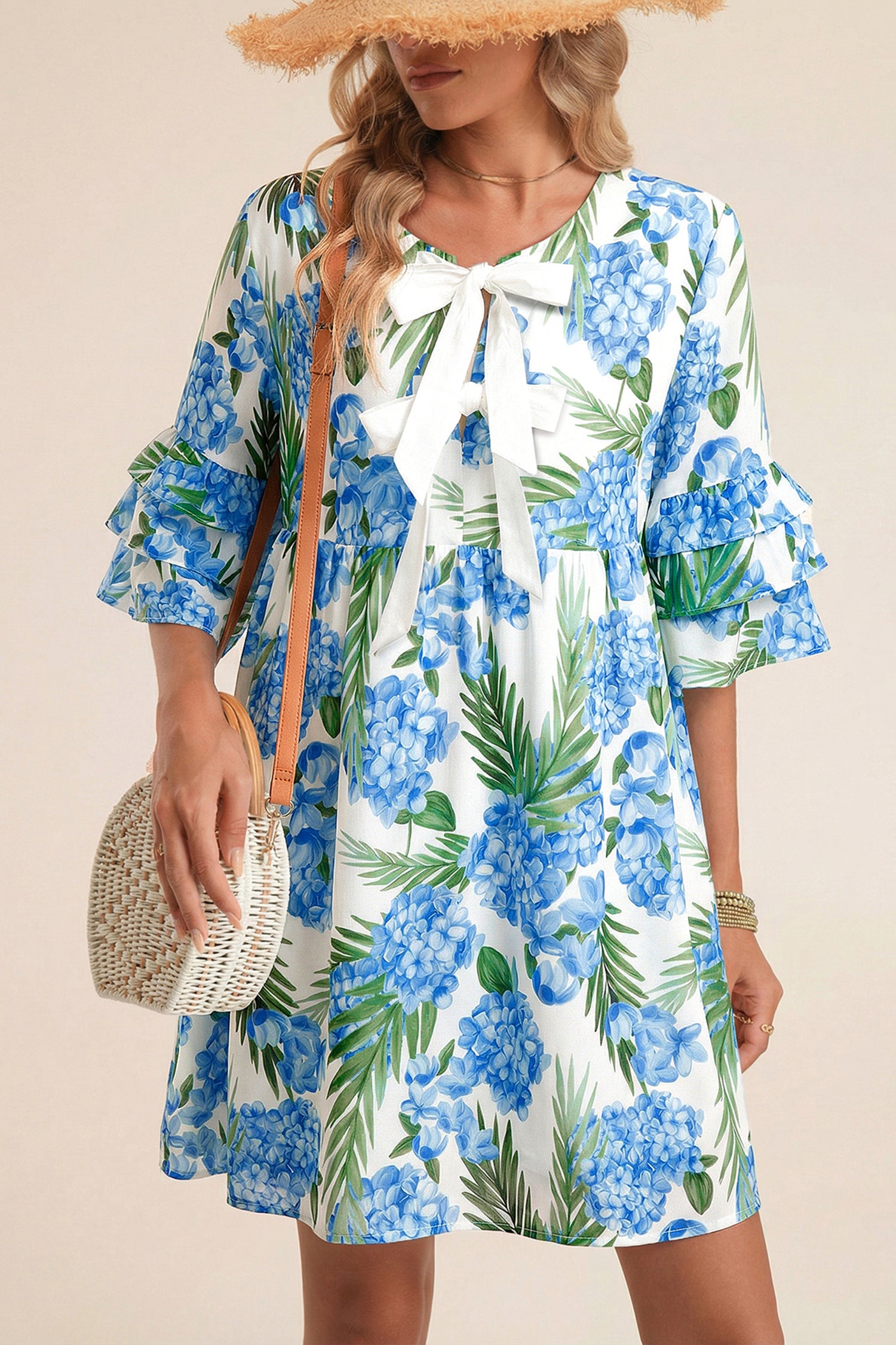 Sky Blue Floral Mini Dress – Ruffle Sleeve Tie Neck Summer Dress Sky Blue 100%Polyester Dear-Lover Dropshipping Dresses/Floral Dresses