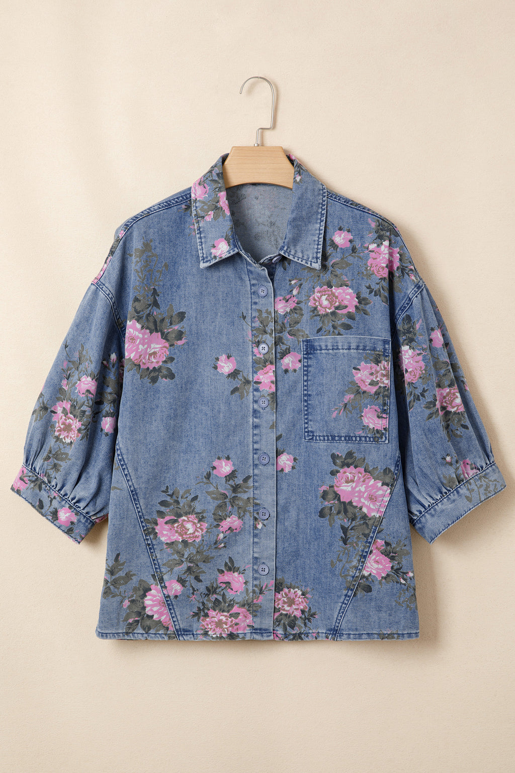 Blue Floral Denim Shirt – Bracelet Sleeve Lightweight Button Up Blouse