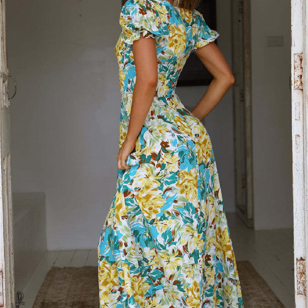 Short Puff Sleeve Blue And Yellow Floral Retro Maxi Dress CJ Dropshipping Blue Green Floral Maxi Dress