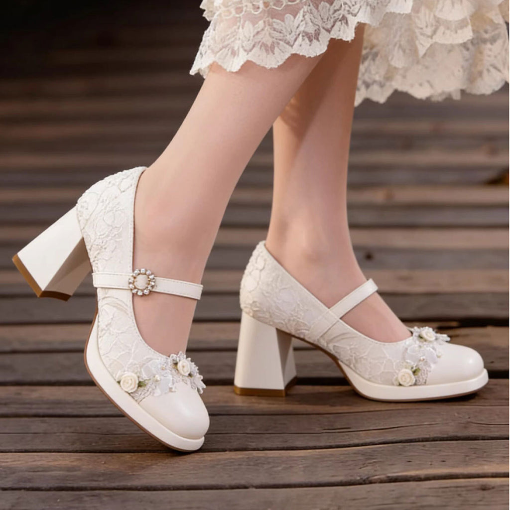 Lace Mary Jane Platform Heels – Pearl Bow Bridal Pumps | Retro Jacquard High Heels CJ Dropshipping Fancy Heeled Floral Mary Jane
